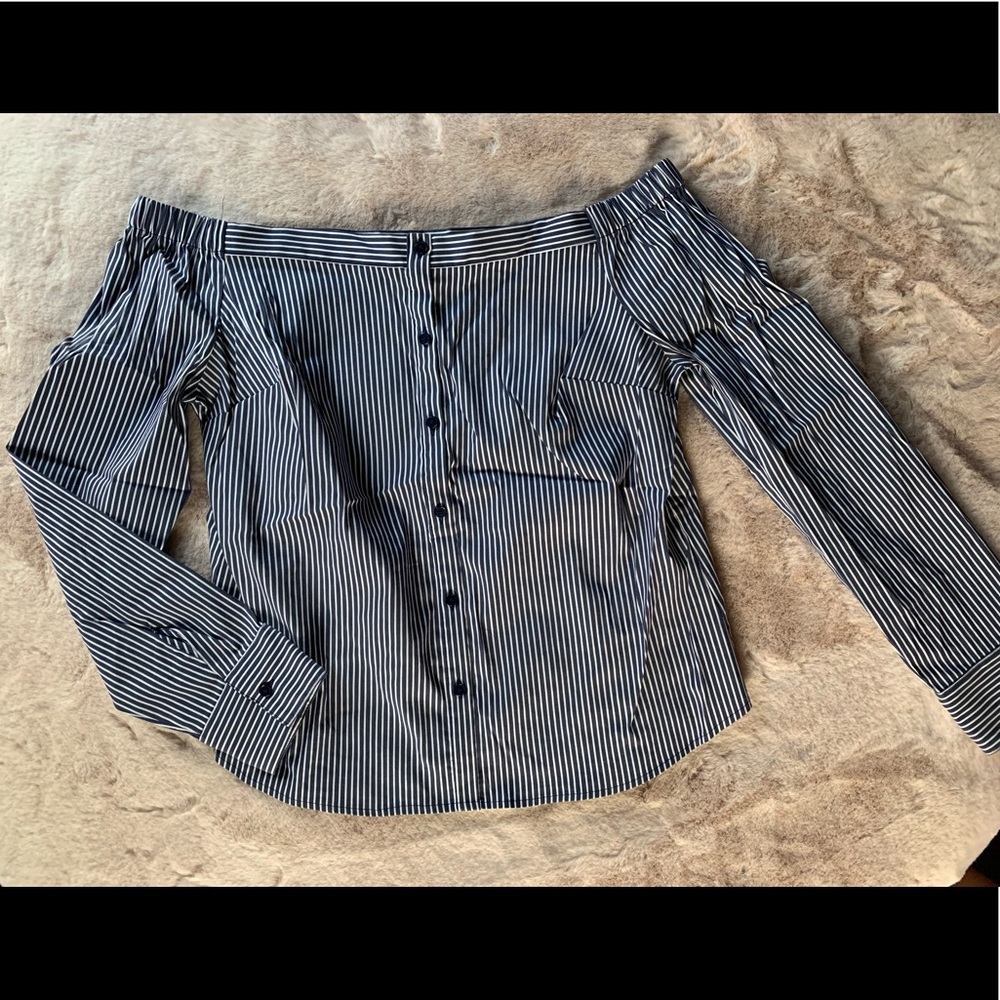 Off the Shoulder Pin Stripe Button Down